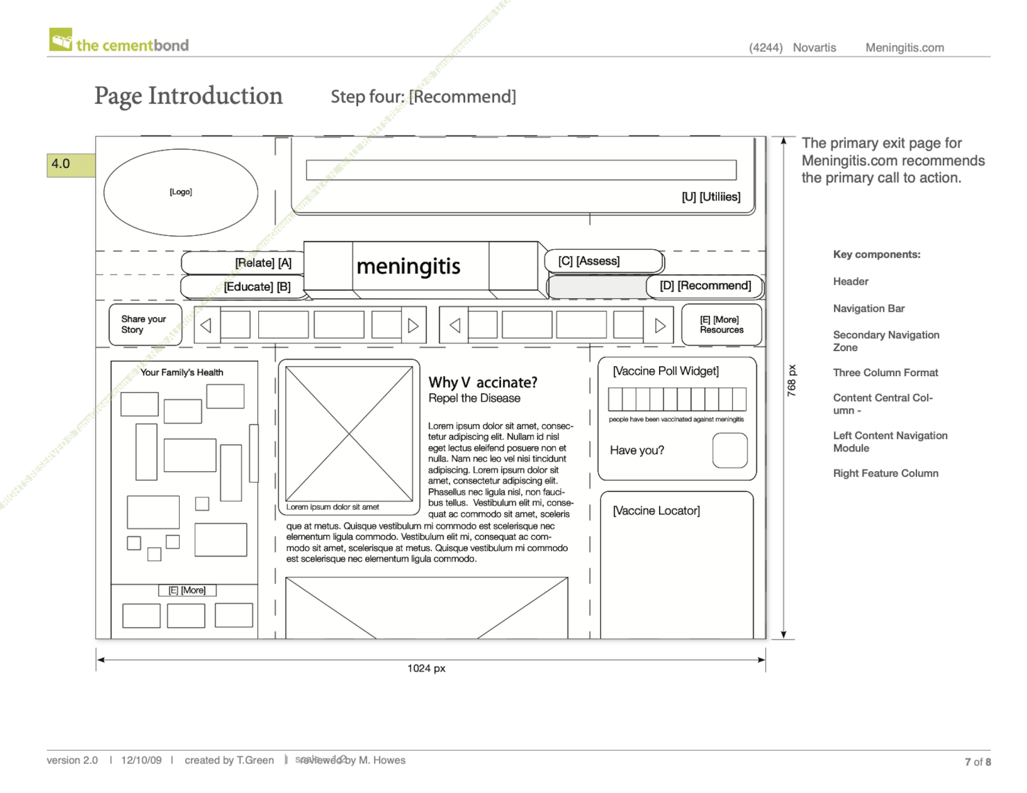 Page specification document showing a wireframe with stacked content modules and numbered annotations, alongside written requirements for module behavior and link logic.