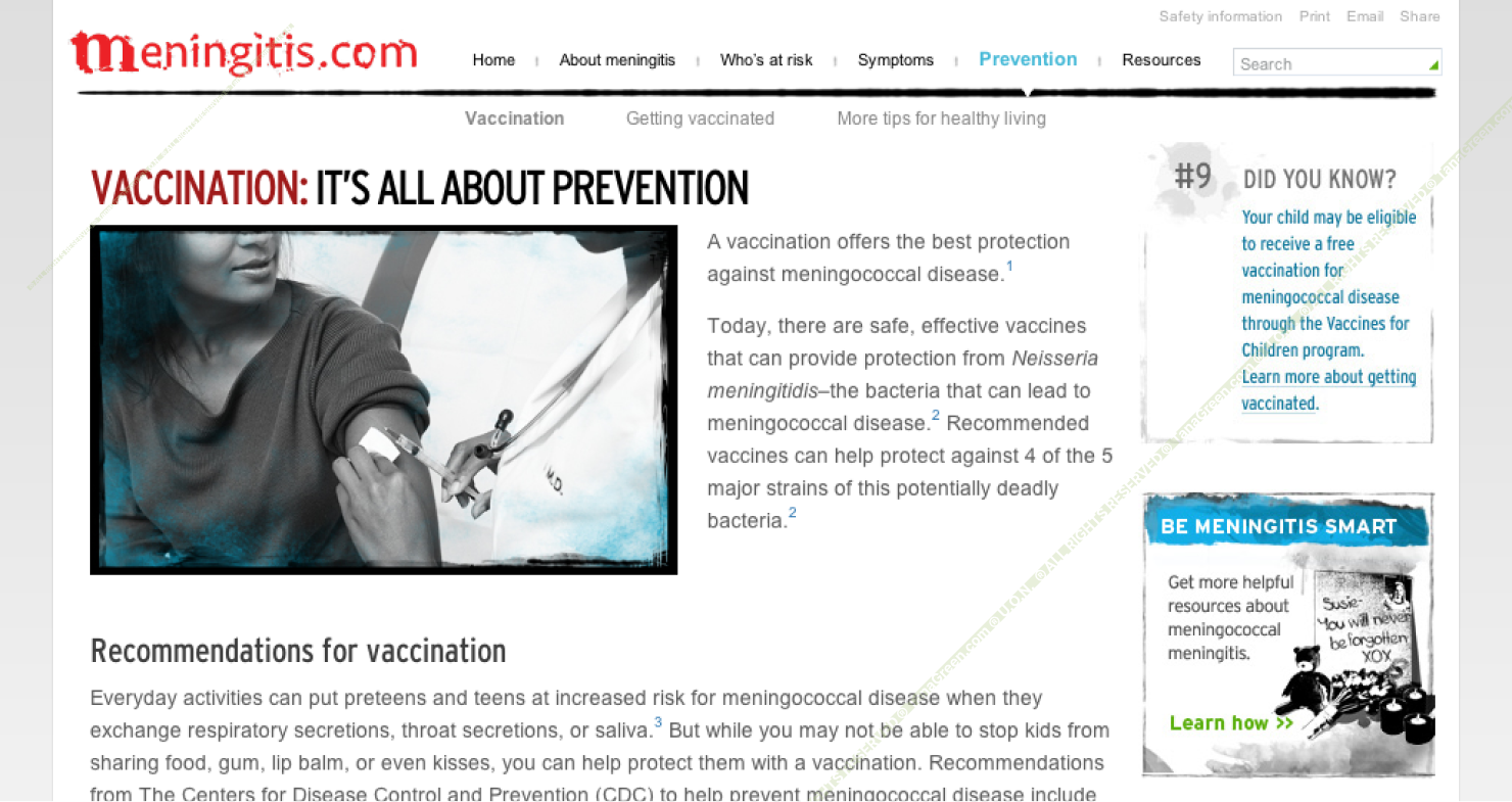 Meningitis.com recommendation page directing users toward vaccination scheduling.