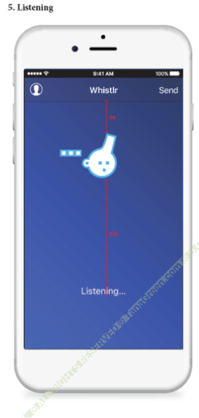 Whistlr listening state: three sound-packet squares approach the whistle-bot icon above the caption "Listening…"