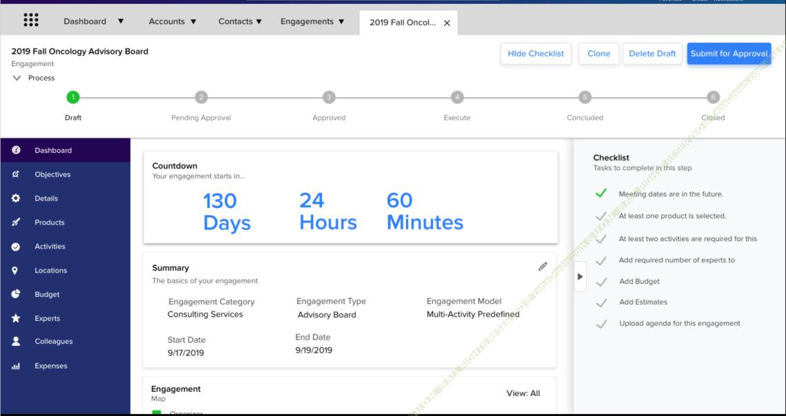 Engagement detail page showing a six-stage process tracker from Draft to Closed, a countdown to the engagement start date, a summary of category and dates, and a checklist of tasks required for the current stage.