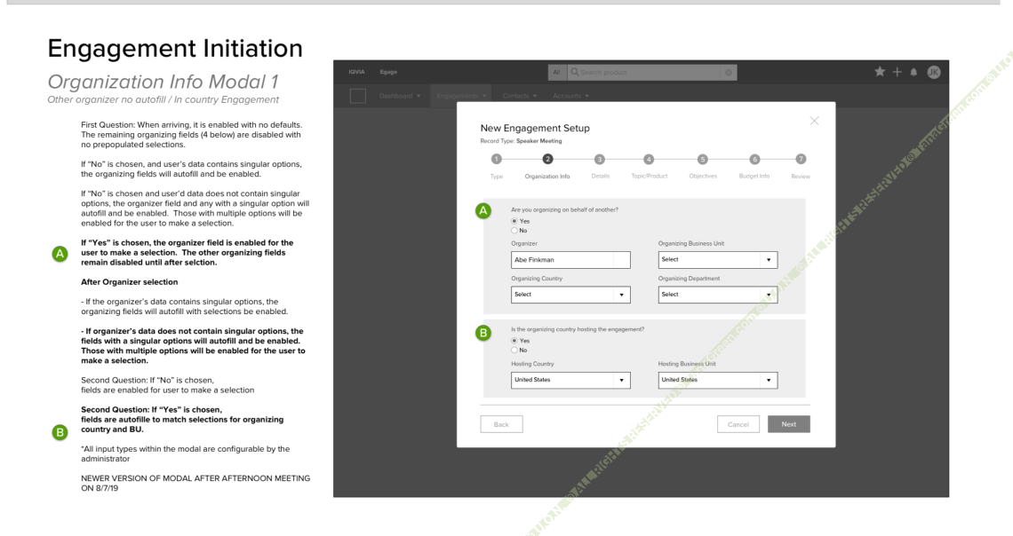 Annotated wireframe of the Engagement Initiation organization info modal, step two of seven, showing conditional logic notes for how organizer, country, and business unit fields autofill or enable based on the user's answers.
