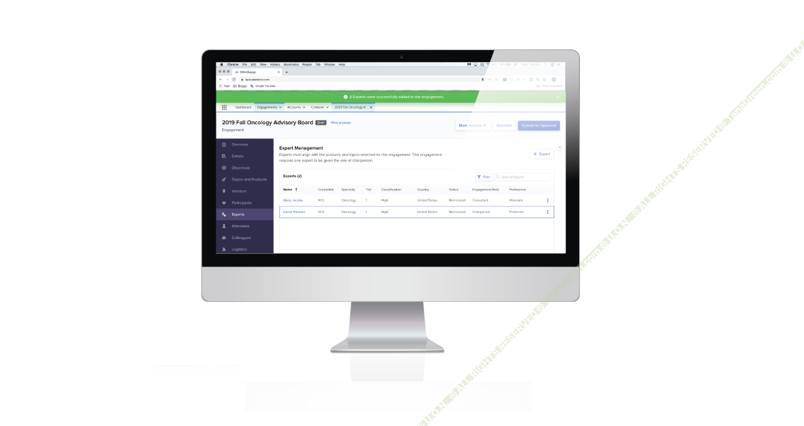 Expert Management screen confirming two experts were successfully added to an engagement, listing each with credential, specialty, tier, country, nomination status, and role.