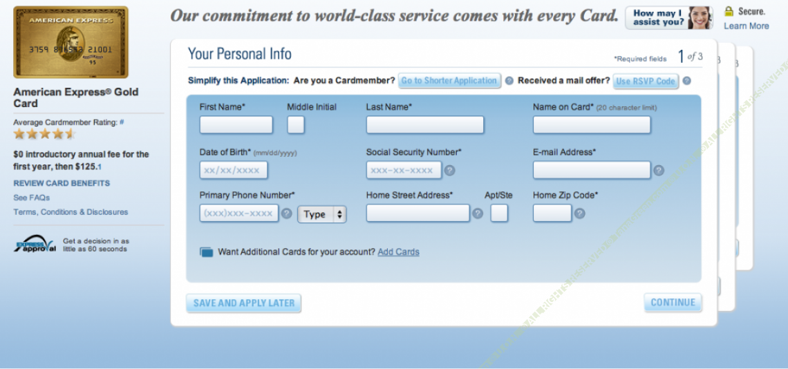 Live American Express Gold Card application, step 1 of 3, showing personal information fields and shortcuts to a shorter application or RSVP code entry.
