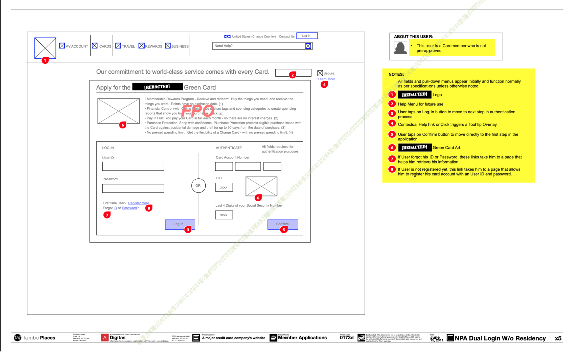 Wireframe of a dual-path authentication page, offering login by user ID and password or authentication by card number, CID, and the last four digits of a Social Security number.