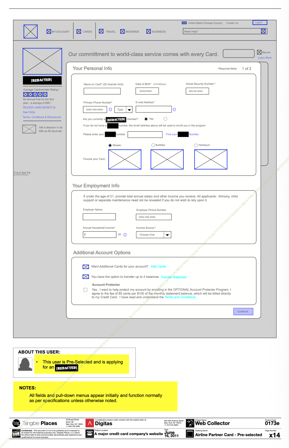 Airline partner card wireframe for a pre-selected applicant, with loyalty membership enrollment and a choice of three card designs.