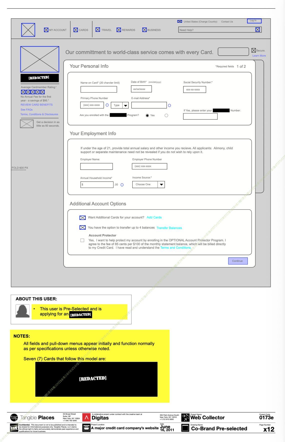 Co-brand card wireframe for a pre-selected applicant, with personal, employment, and additional account options panels on one page. A note records that seven cards follow this model.