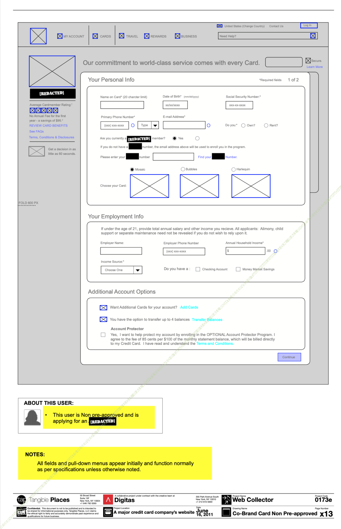 Co-brand card wireframe for a non-pre-approved applicant, adding loyalty enrollment, a card art selector with three designs, and own-or-rent and bank account questions.