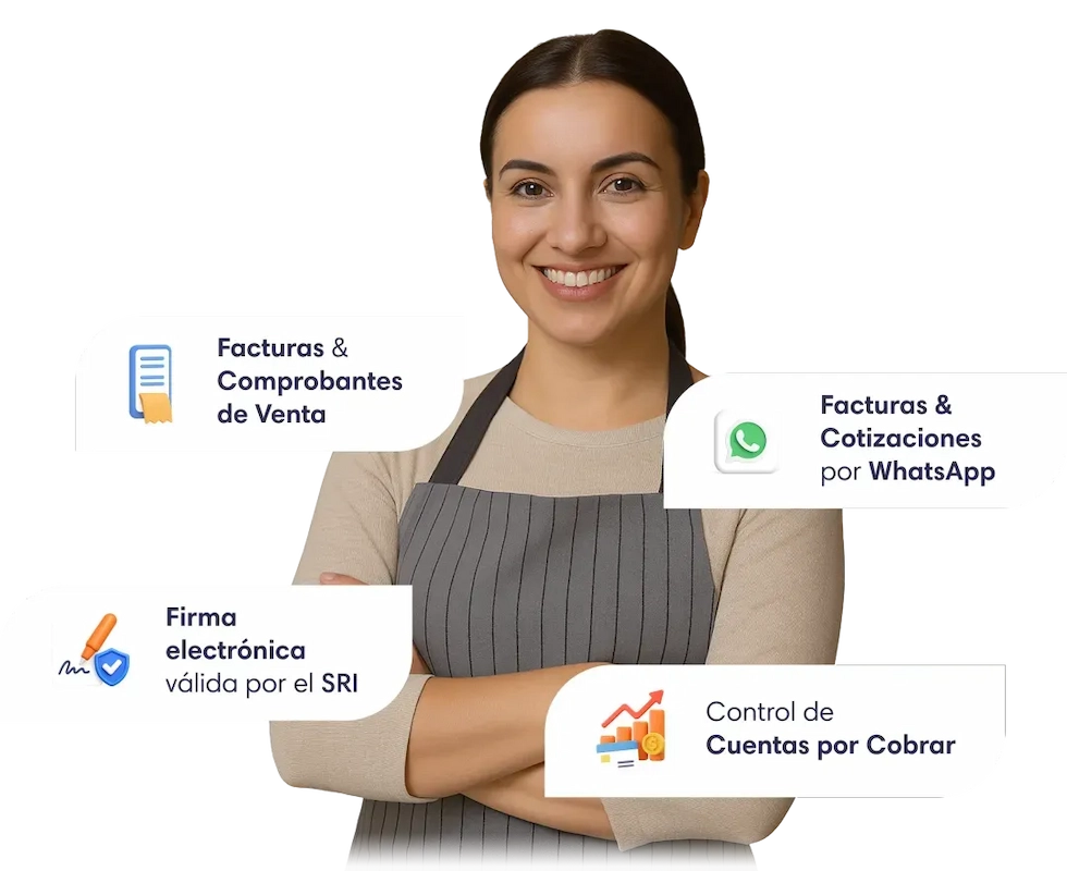 Emprendedora usando sistema de facturación electrónica aprobado por el SRI con funciones como firma electrónica, WhatsApp y control de cuentas por cobrar