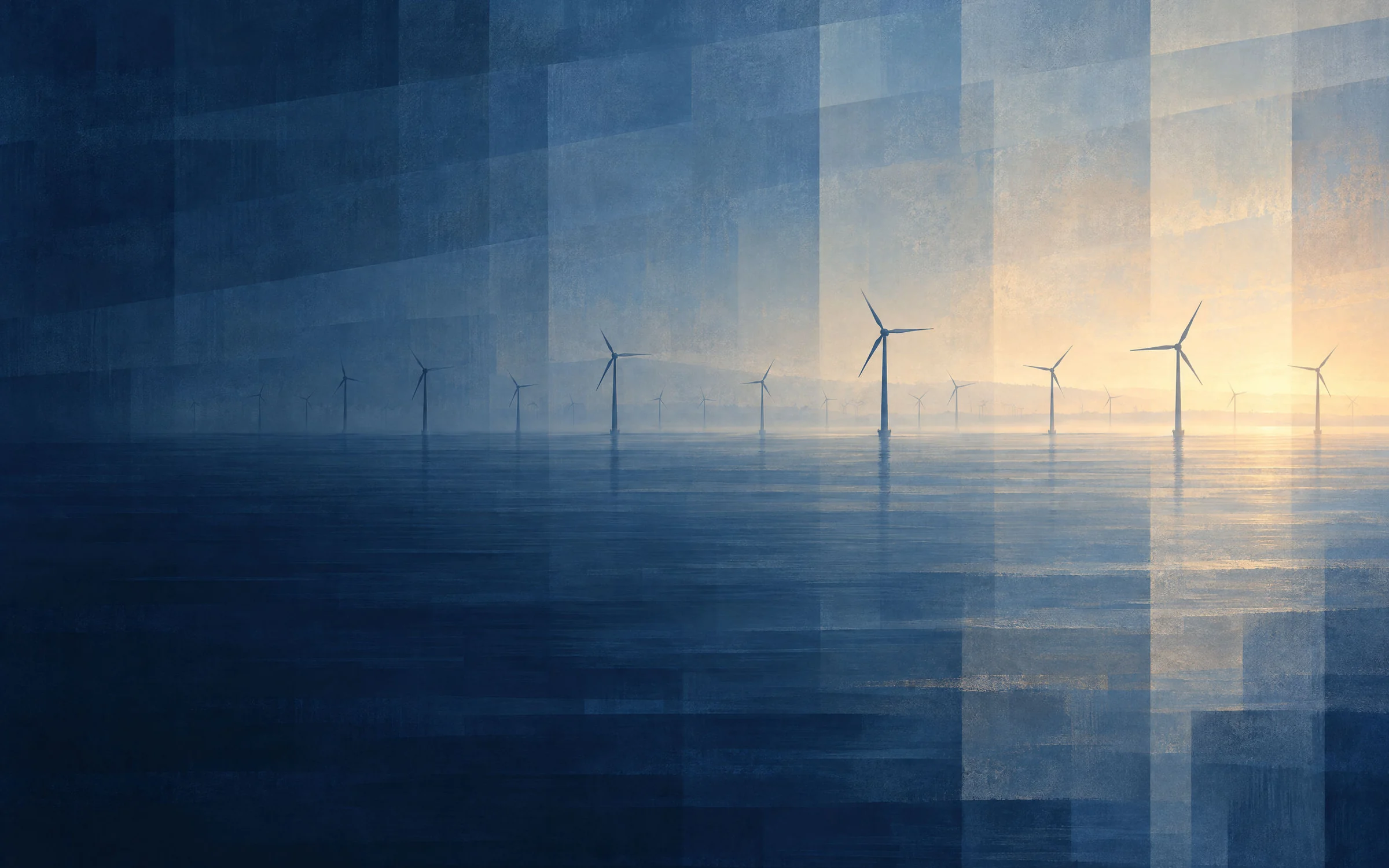 Offshore wind farm at dawn, three rows of turbines receding into the mist