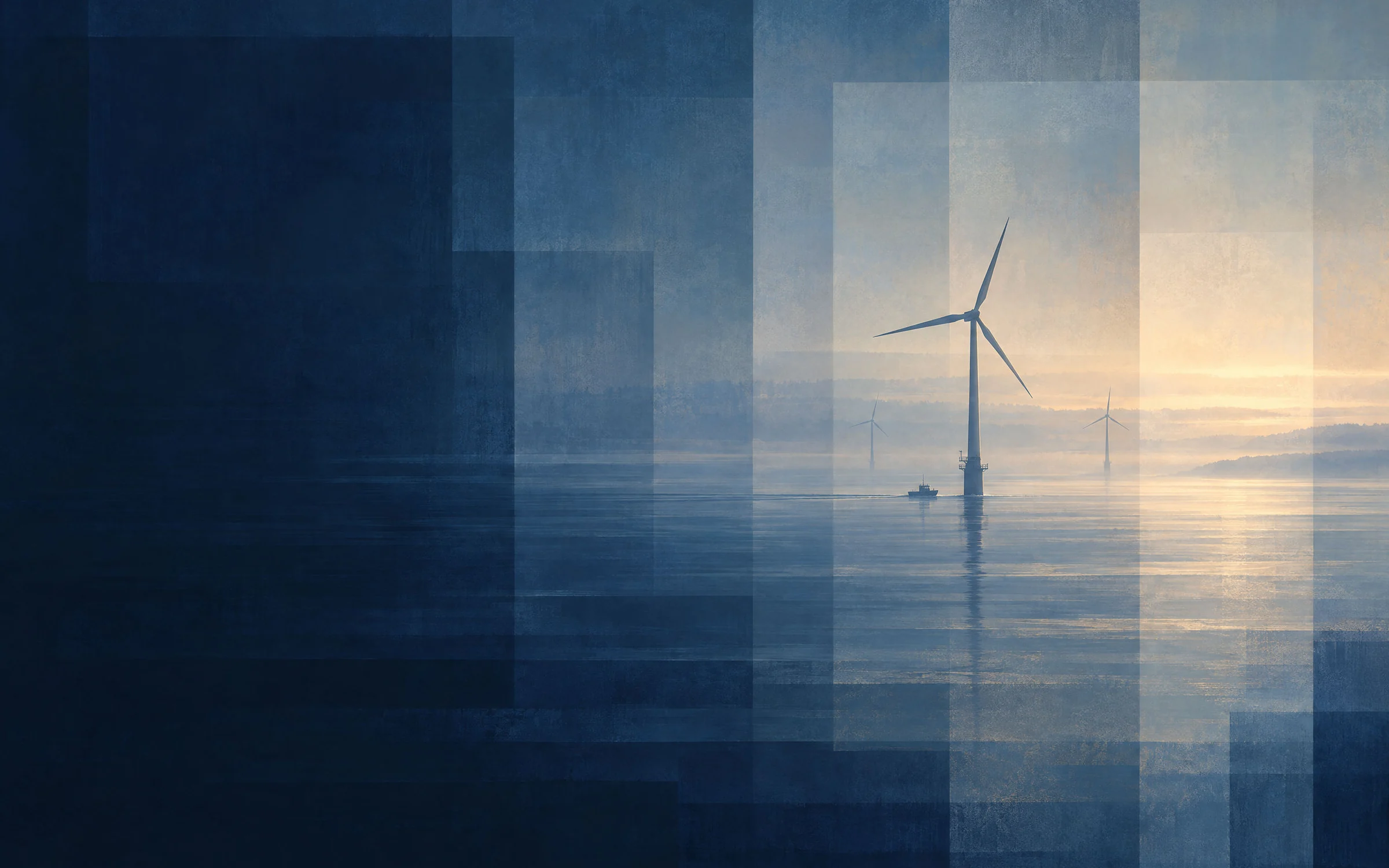 A lone offshore wind turbine in the mist, with a small crew transfer vessel at its base