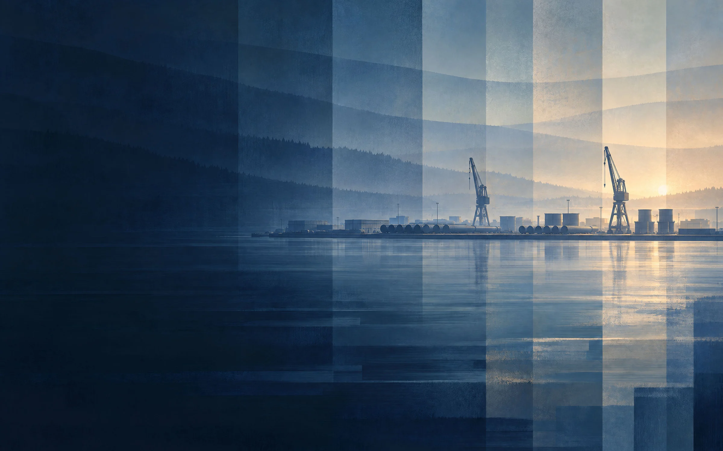 Offshore wind marshalling port at dawn, monopiles lined up on the quay and gantry cranes at rest