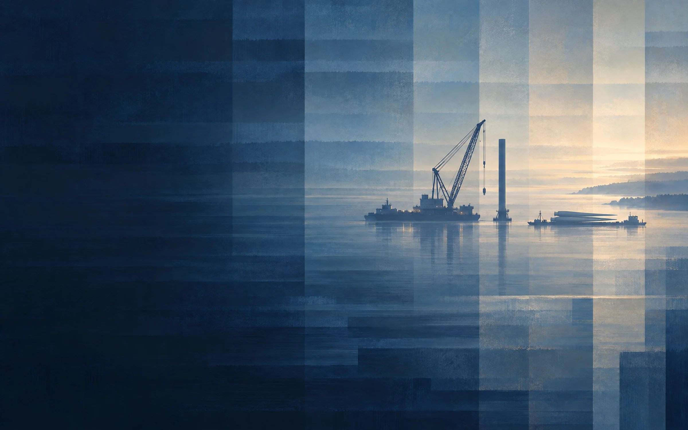 Crane vessel beside an offshore wind turbine whose blades have been removed, at daybreak