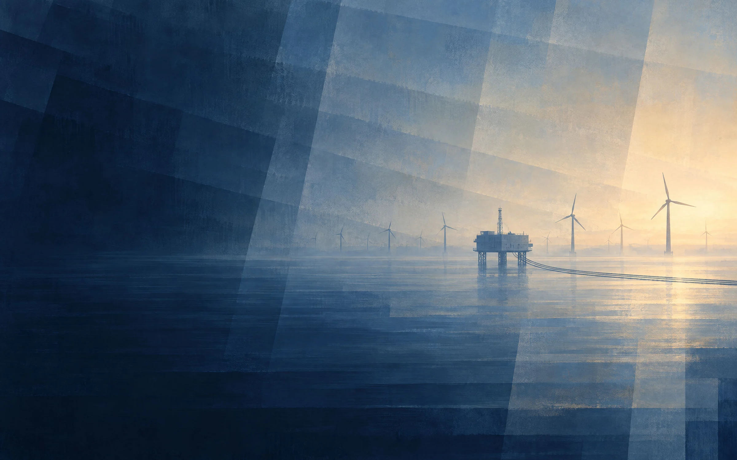 Offshore electrical substation platform linked to a line of wind turbines in the mist