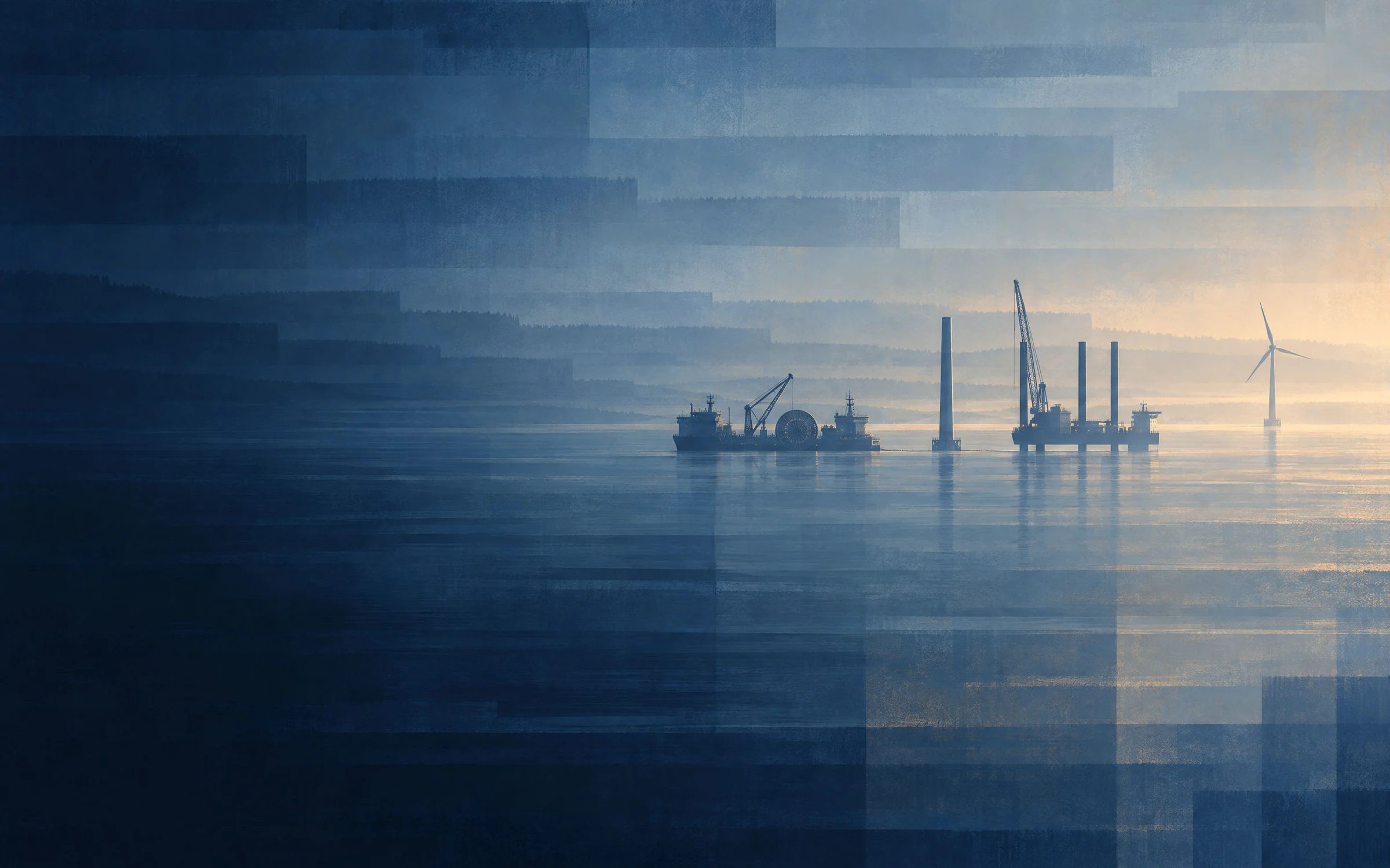 Several offshore construction vessels and a wind turbine being installed, in the haze