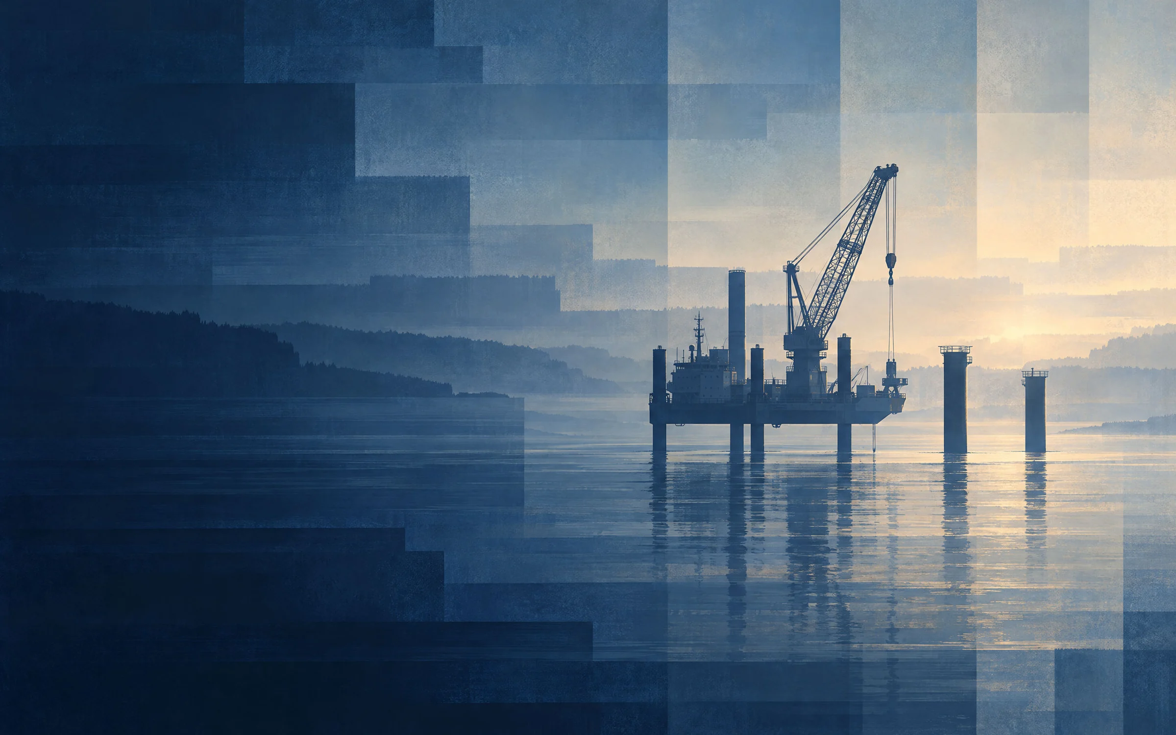 Jack-up installation vessel standing idle next to offshore wind turbine foundations in the mist