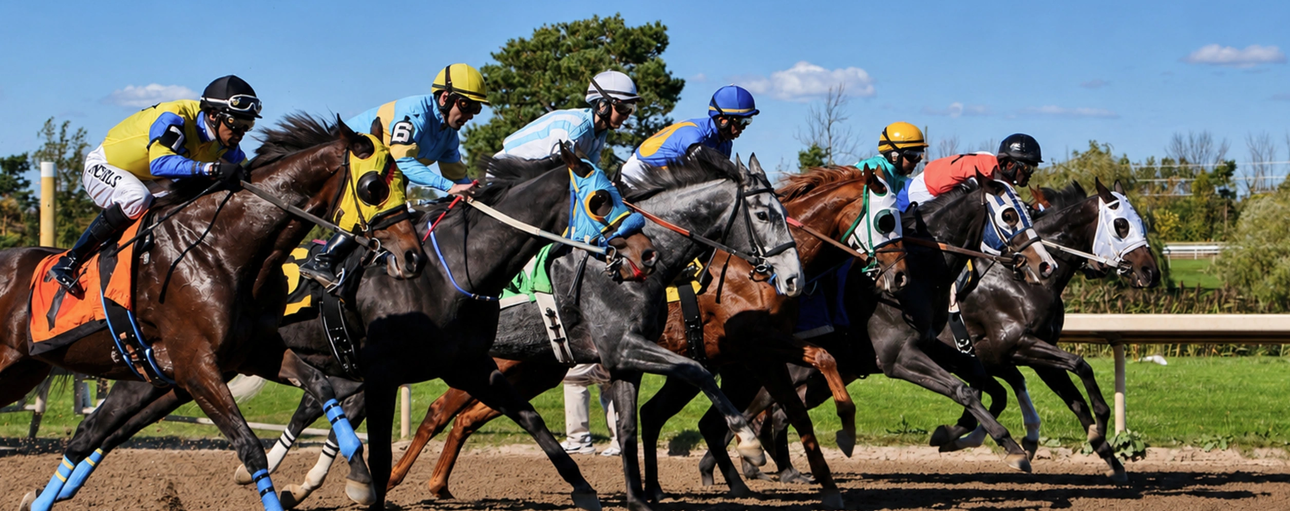 Fort Erie Race Track featuring six jockeys racing horses on the track