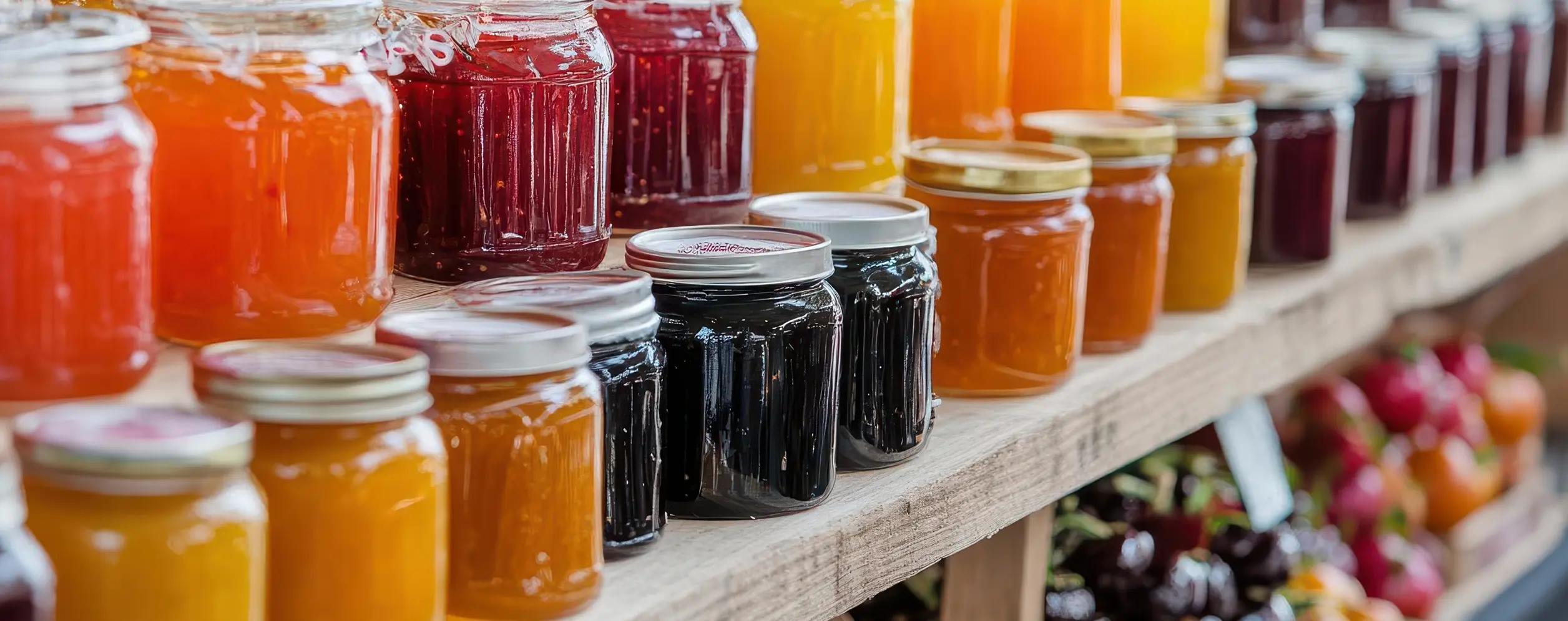 Closeup of various jams in jars at Pelham Farmers' Market
