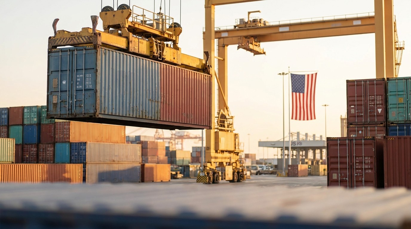 Cargo shipping container lifted by a crane at a US port of entry