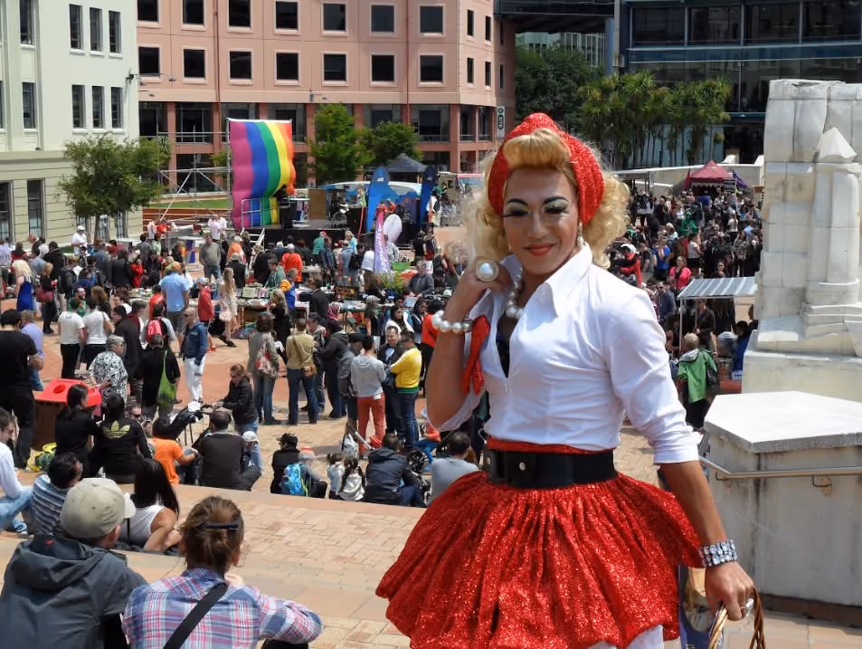 A performer in a red sequined outfit at Out in the Square in Civic Square, 2013