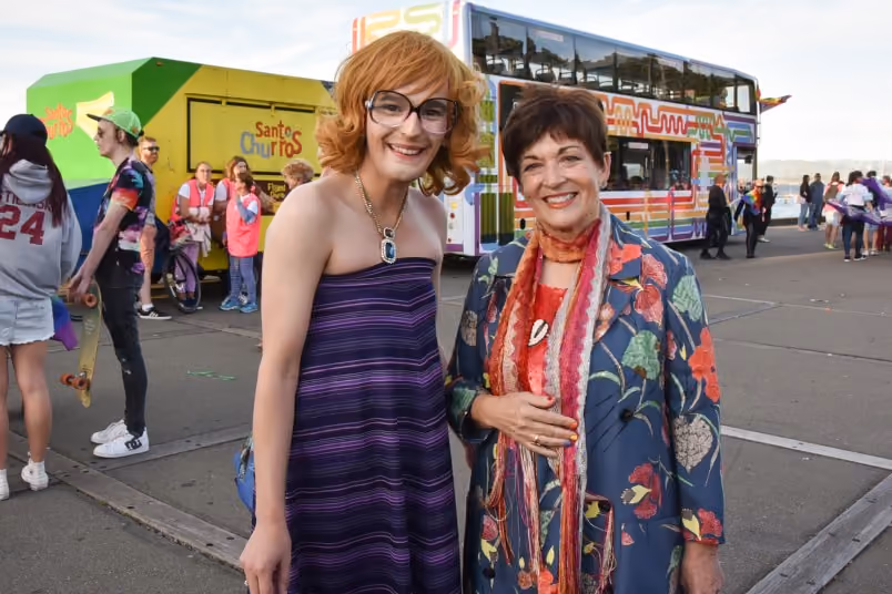 Governor-General Dame Patsy Reddy with a parade participant at the Wellington International Pride Parade, 2020
