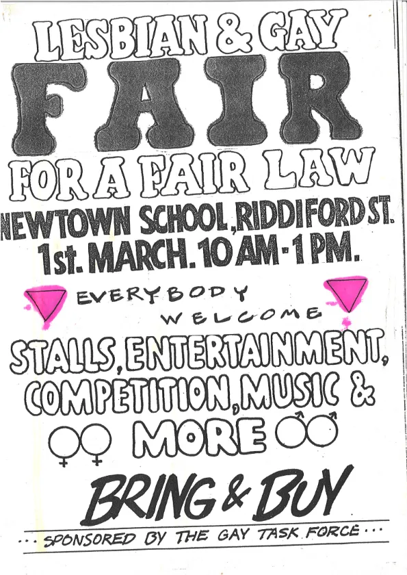 Hand-drawn 1986 poster advertising the Lesbian and Gay Fair for a Fair Law at Newtown School