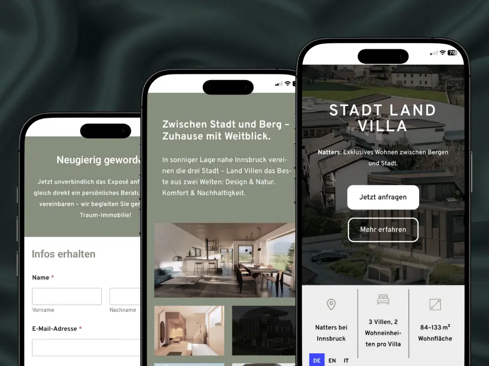 Landingpage Erstellung für Tiroler Architekturbüro SNOW in Wordpress - Mobile Ansicht der Startseite, Wohnungsinfos sowie Kontaktformular