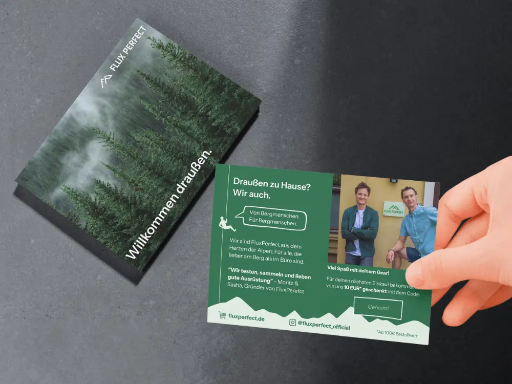 Erstellung Printmaterialien für Innsbrucker Outdoorshop FluxPerfect - Postkarten-Flyer als Beilage bei Produktlieferungen zum Branding