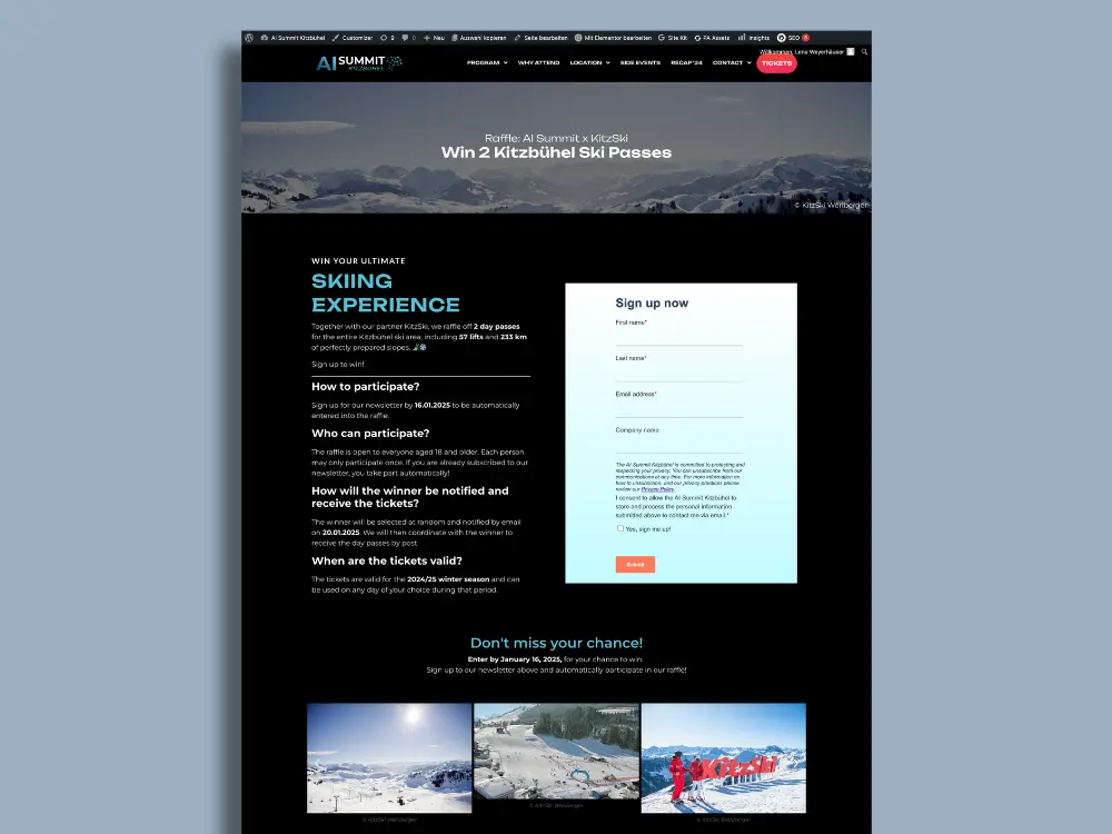 Website Betreuung für AI Summit Kitzbühel & Stellenberg Group - Landingpage eines Ticketgewinnspiels mit Anmeldeformular