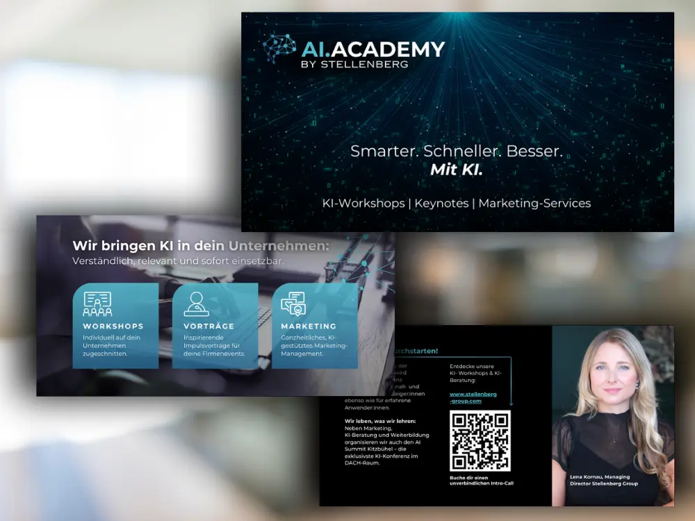 Printmaterialien Erstellung für AI Summit Kitzbühel & Stellenberg Group - 6-seitiger Flyer für AI Academy der Stellenberg Group