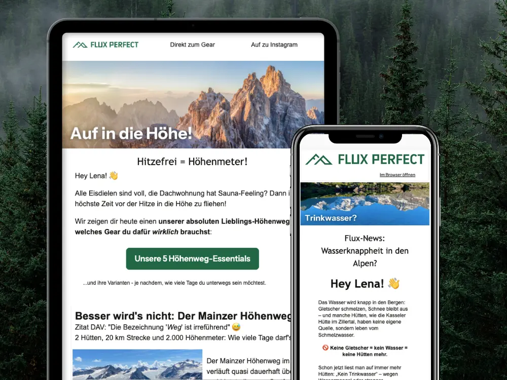 Newsletter- und Emailmarketing für Innsbrucker Outdoorshop FluxPerfect - Monatliche Newsletter auf Tablet und Smartphone
