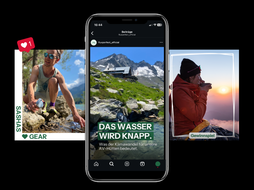 Organisches Instagram Management mit bezahlten Kampagnen für Innsbrucker Outdoorshop FluxPerfect - Beispielhafte Instagram Posts