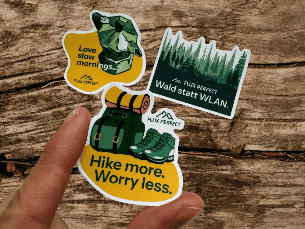 Give-Away Sticker für Onlineshop FluxPerfect: Mit zur Marke passenden Motiven & Sprüchen. 