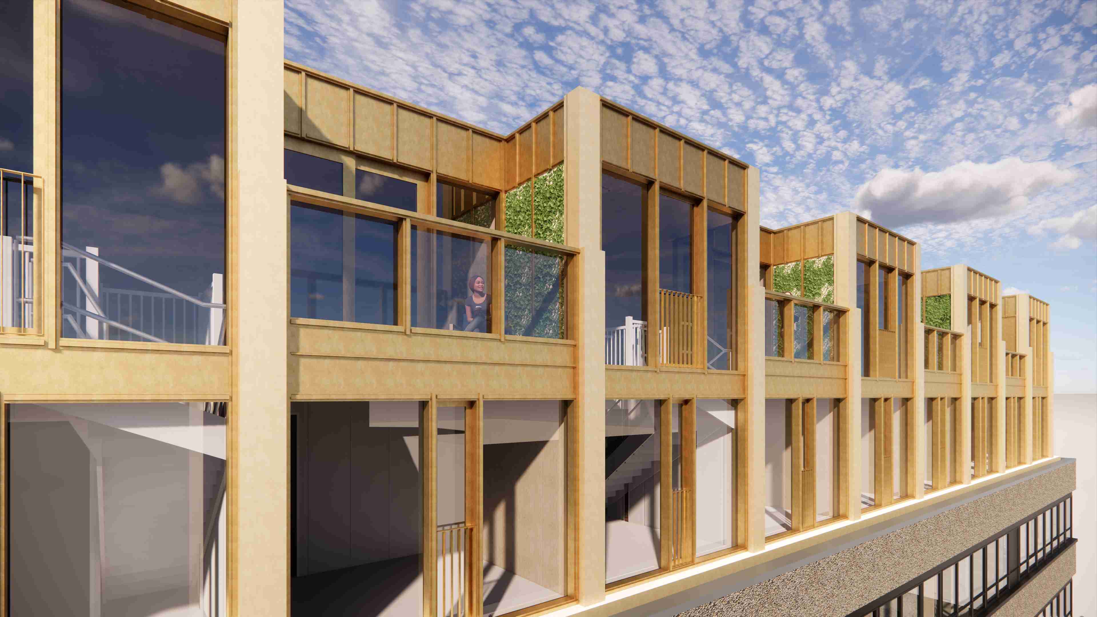 Impressie van een moderne optopwoning met veel licht en biobased materialen.