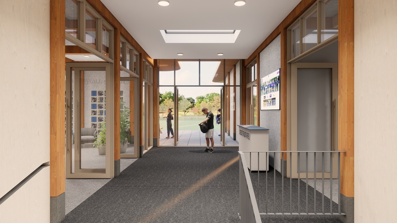 Entree van het nieuwe Ringpass Delft clubhuis met grote glaspartijen, uitnodigend plein en houten luifels voor beschutting.