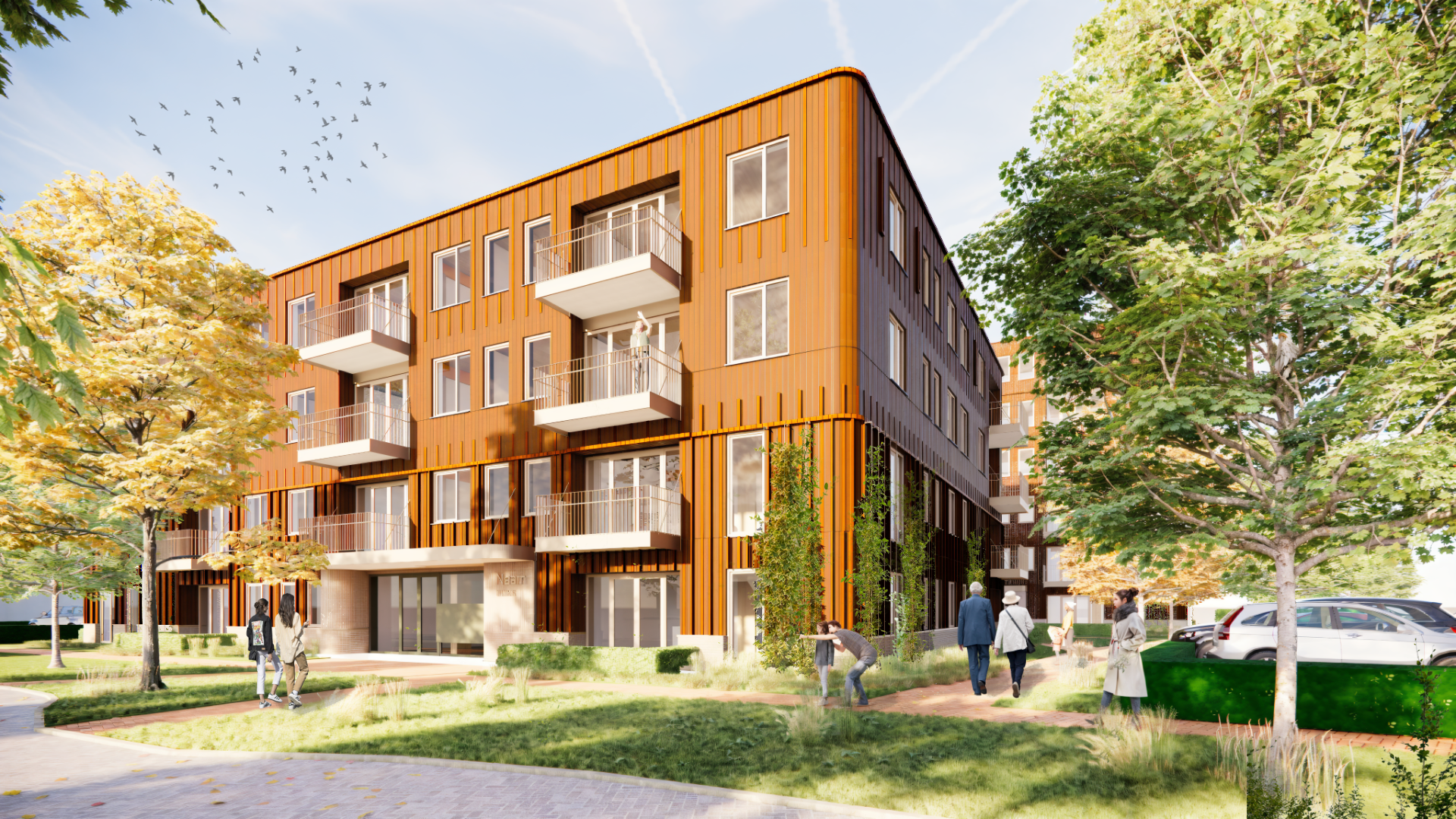 Hoekappartement in massieve houtbouw met houten gevelritme en groen in Voorhout