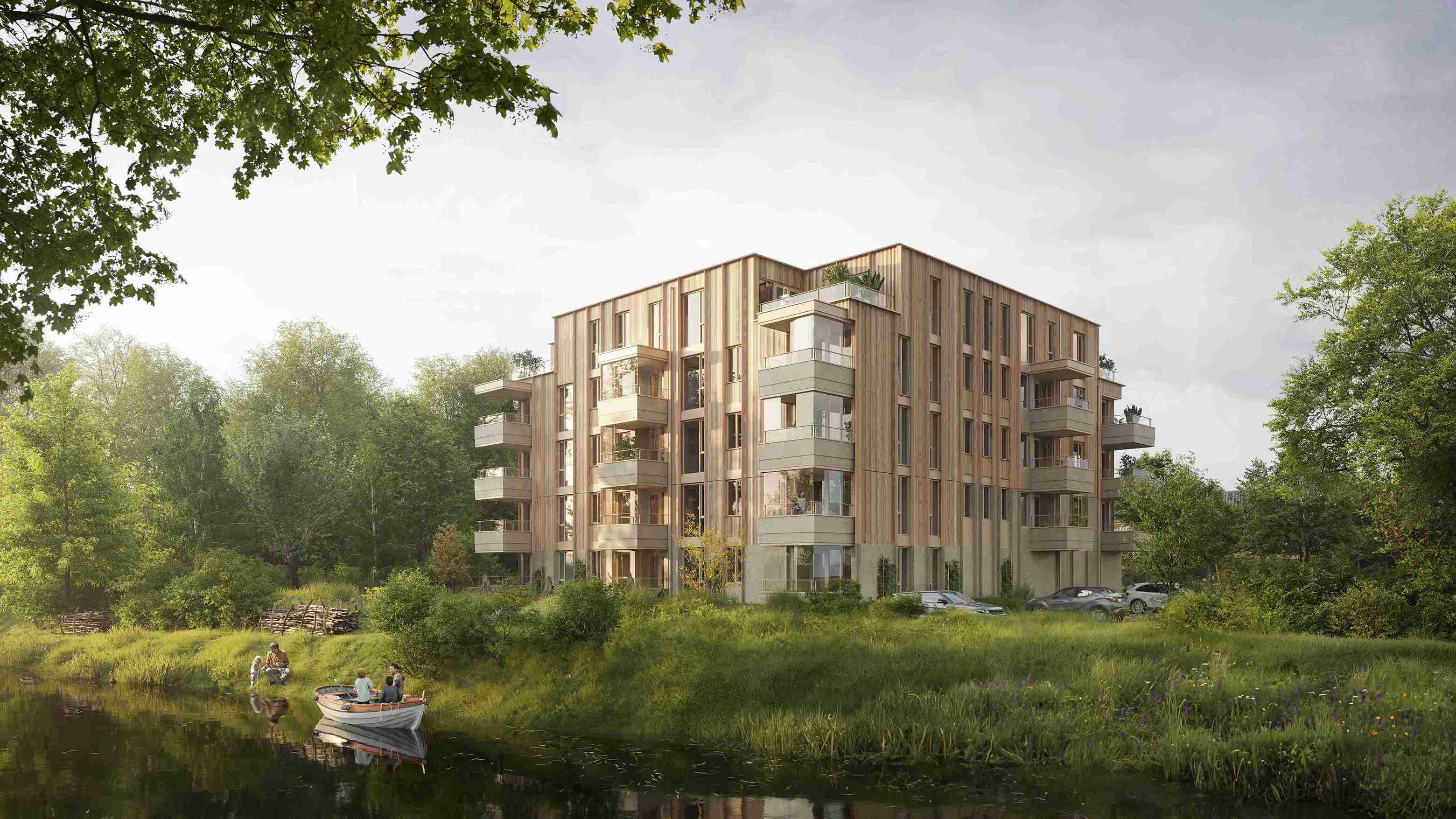 Appartementencomplex de Kiem, een nieuwe woonwijk in Pijnacker met diverse woningtypen in een groene, waterrijke omgeving. Ongeveer 40% van het gebied is ingericht voor natuur en biodiversiteit, als verbinding tussen stad en landschap