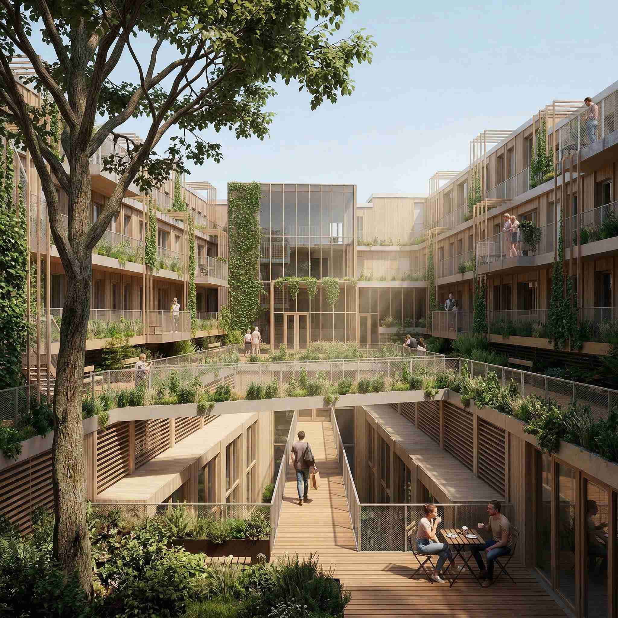 Gezellige ontmoetingsruimte binnen het Matchmaker-woningenproject, met brede galerijen en tuinen die sociale banden tussen bewoners bevorderen