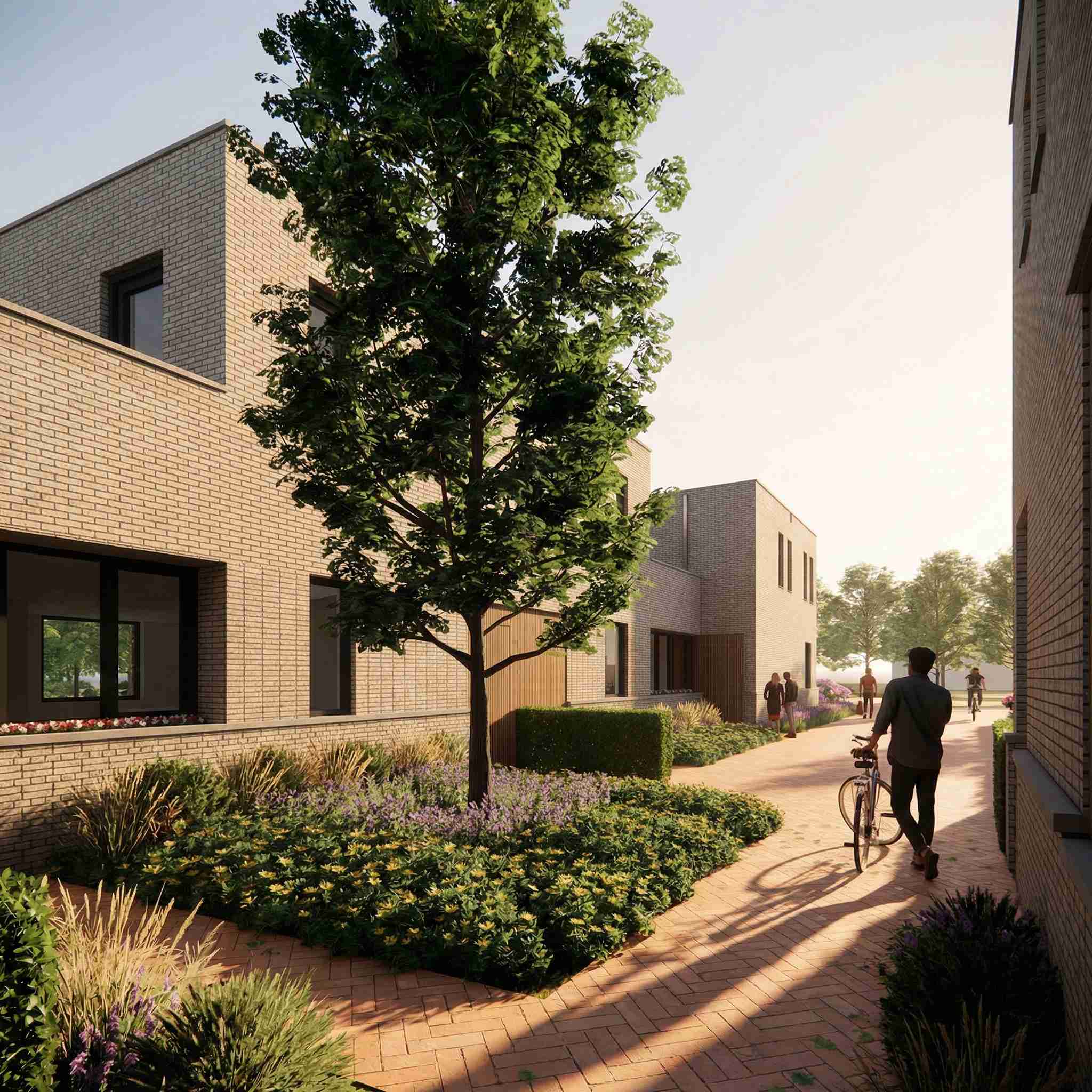 Moderne woonblokken in Vries Zuid vormen een besloten geheel rond een groene binnenplaats, bevorderlijk voor sociale interactie.