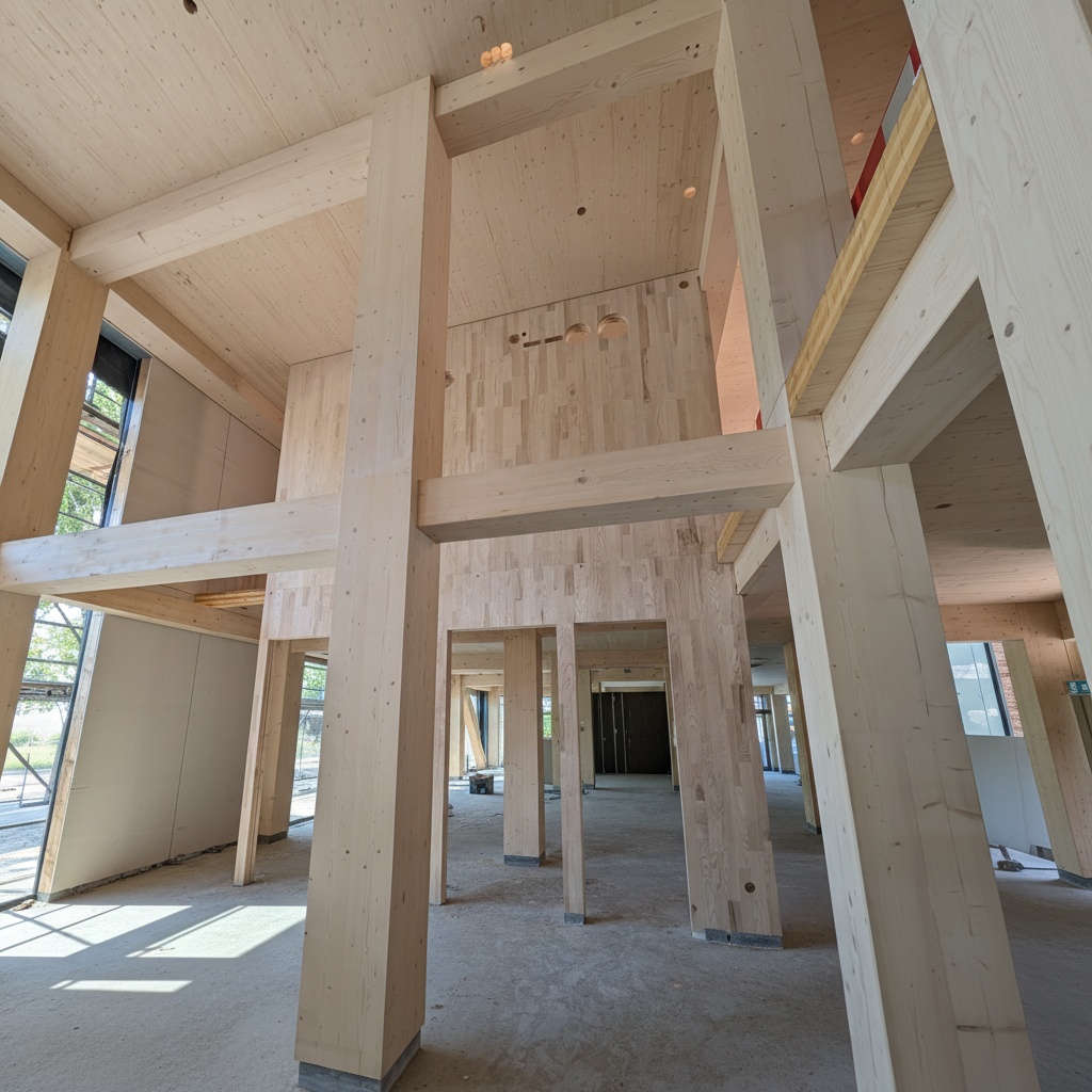 Constructief beeld van een houten ruwbouw waar C-CLT-panelen worden ingezet als tussenmuur, omgeven door grote CLT-kolommen en vloeren in een open gebouwstructuur.