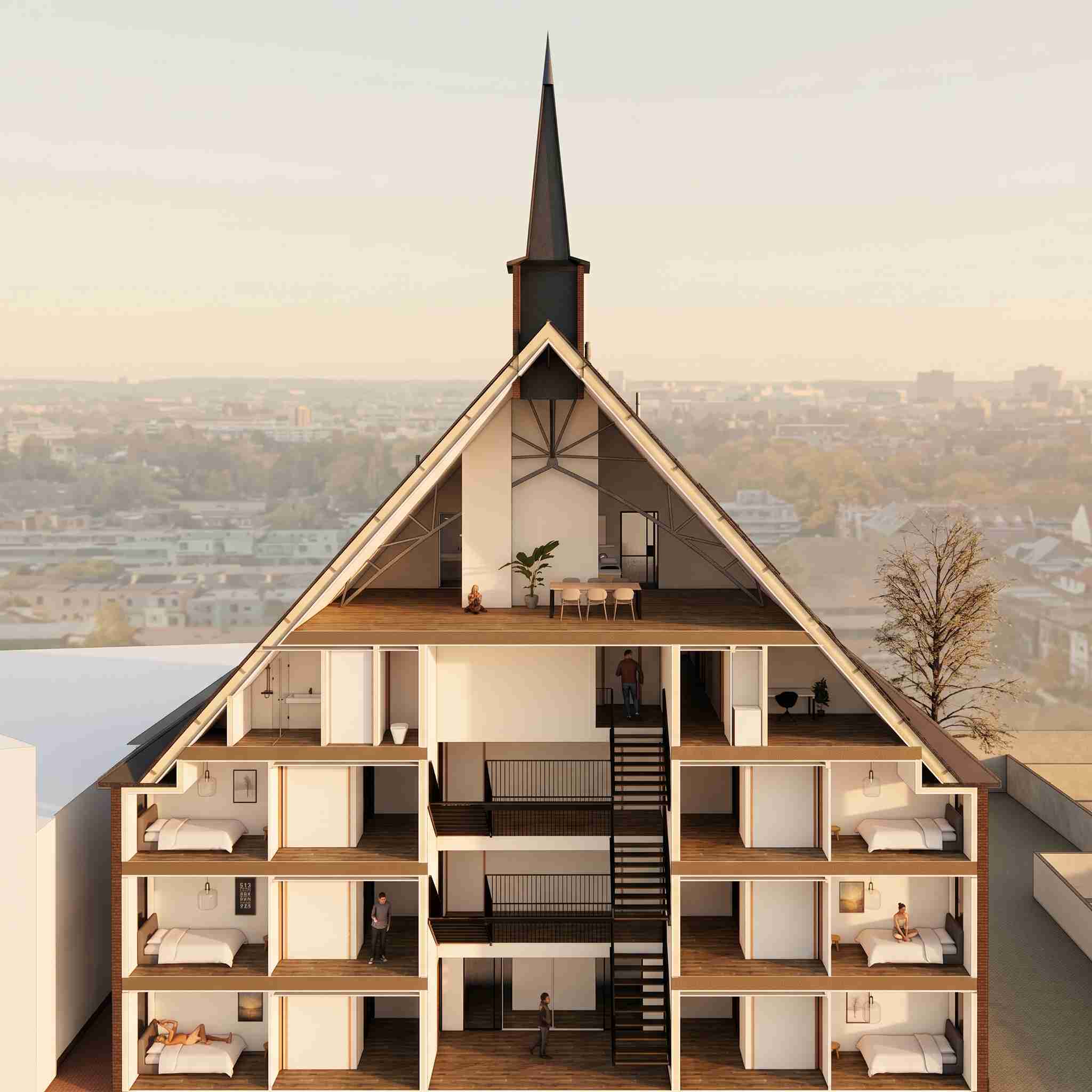 Doorsnede van een getransformeerde kerk naar woongebouw, met meerdere woonlagen onder een steile kap. Centraal trappenhuis verbindt compacte appartementen, met zichtbare houten vloeren en lichte, open ruimtes onder de nok.