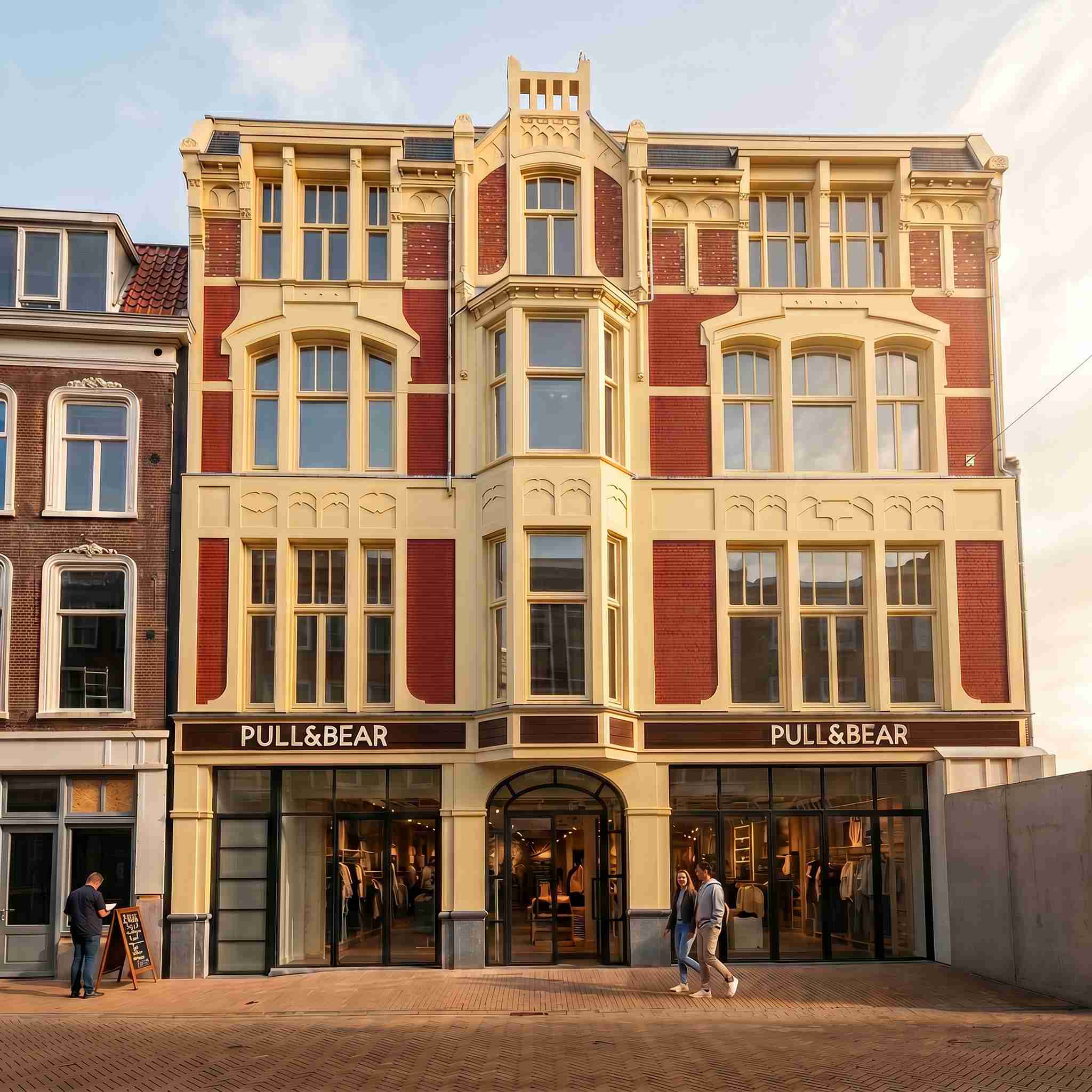 Gerenoveerd historisch winkelpand aan de Herestraat in Groningen met warme bakstenen gevel, verfijnde geveldetails en vernieuwde plint met commerciële functies, als voorbeeld van duurzame transformatie en toekomstbestendig stedelijk ontwerp