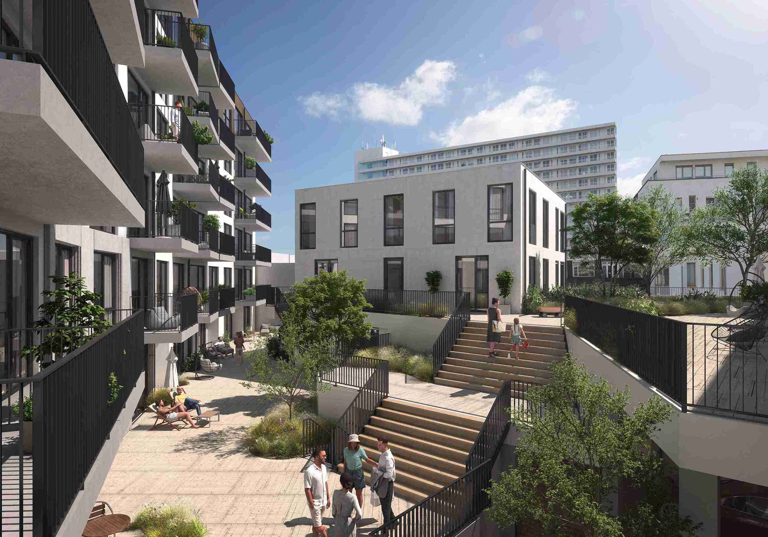 Natuurinclusief binnenhof met terrassen, trappen en groene beplanting in stedelijke woningbouw, gericht op klimaatadaptief ontwerp en sociale ontmoeting