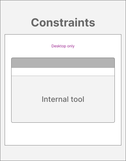 Diagram titled 'Constraints' showing a box labeled 'Internal tool' with a note 'Desktop only' above it.