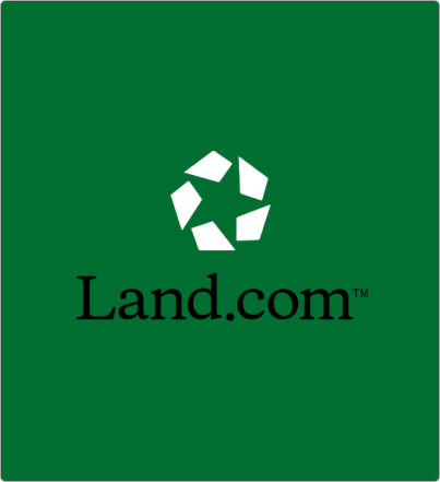 Land.com logo with stylized white pentagon shapes forming a circular pattern above the text.
