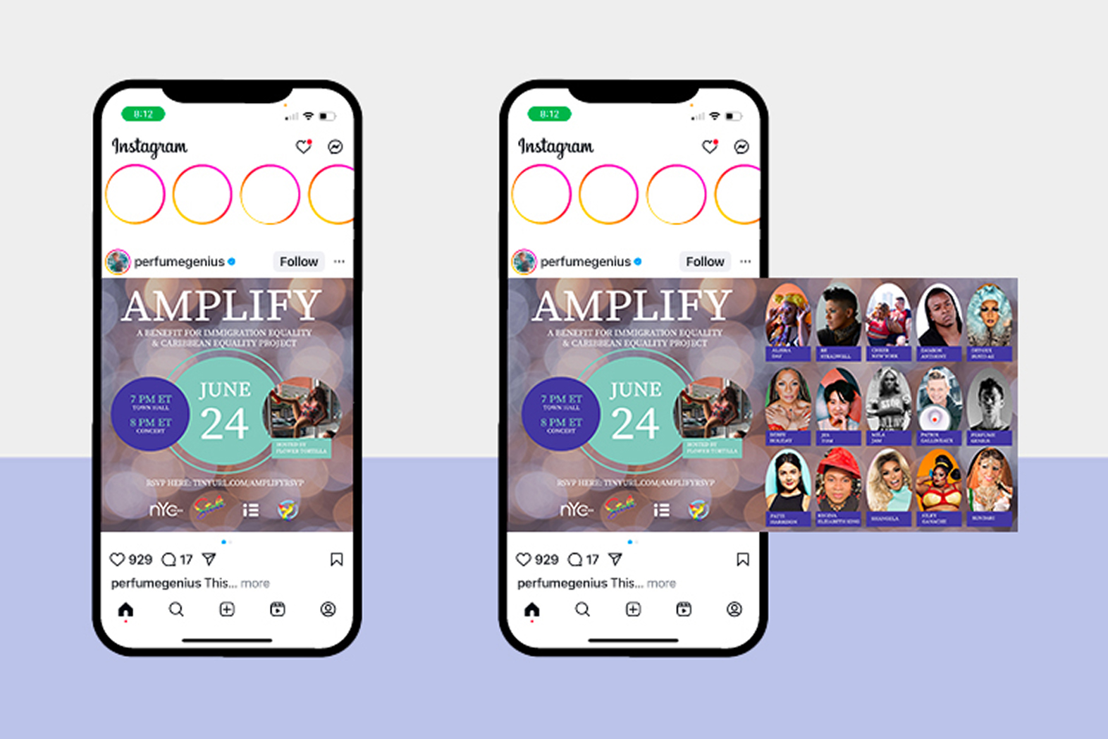 Instagram posts promoting AMPLIFY event on June 24 for immigration equality with artist photos and details.