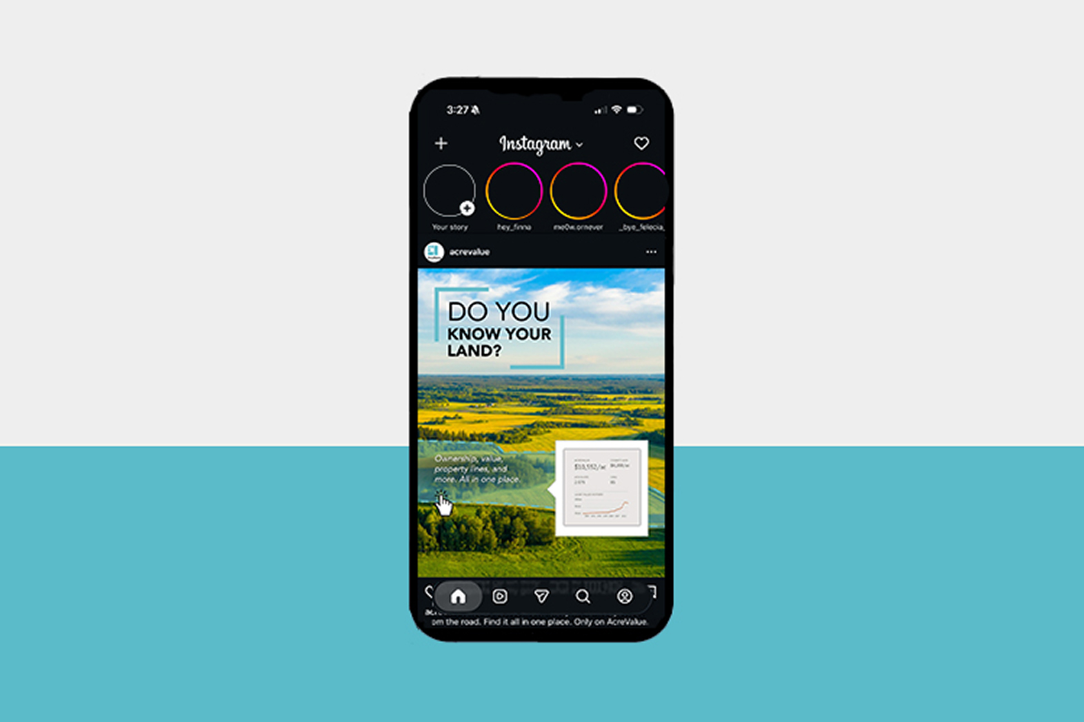 Instagram post on phone screen with landscape image and text asking, Do you know your land?
