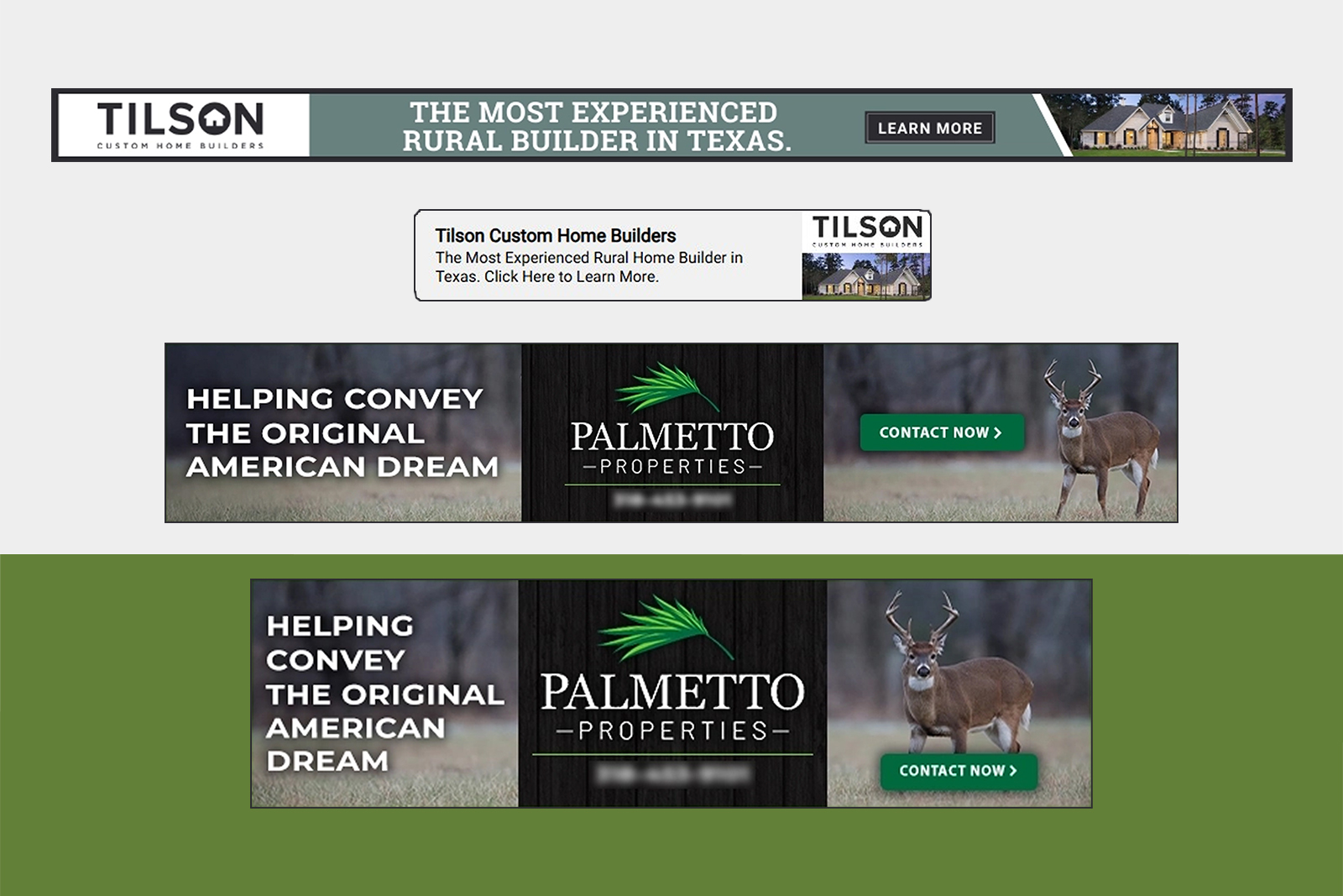 Banner ads for Palmetto Properties with text 'Helping convey the original American dream' and deer image.