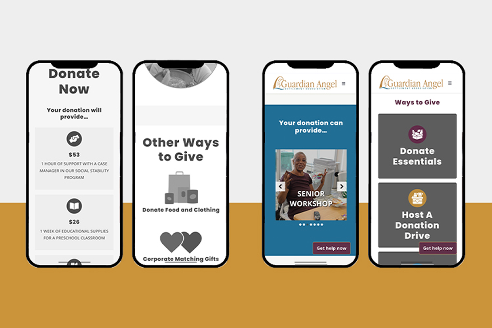 Four phone screens show donation options and ways to give including workshops, essentials, and drives.