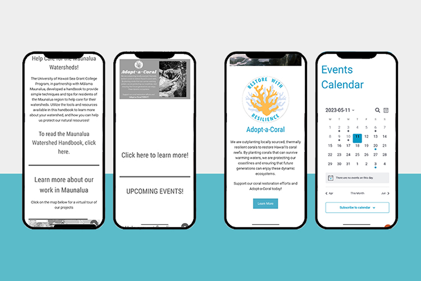 Four smartphones display info on Maunalua watershed, coral adoption, and an events calendar on screen.