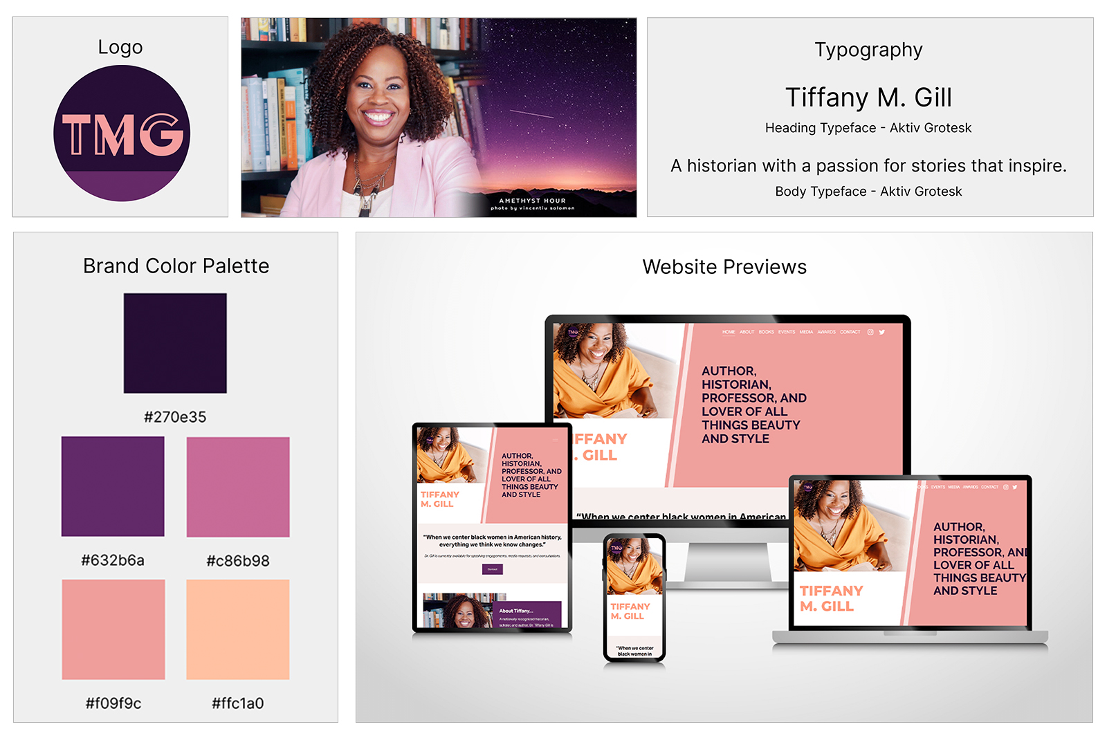 Brand board showing TMG logo, Tiffany M. Gill typography, color palette, and website previews on devices.